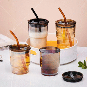 Homynest 1 pcs Glass Shipper Jar 400ML Leather Sleeve Beer Glass Lid & Straw Tumbler – 16oz Iced Coffee Cup Hot & Cold Drinks Leak-Proof Tumbler Shipper Stylish Reusable Glass Cup Multicolor