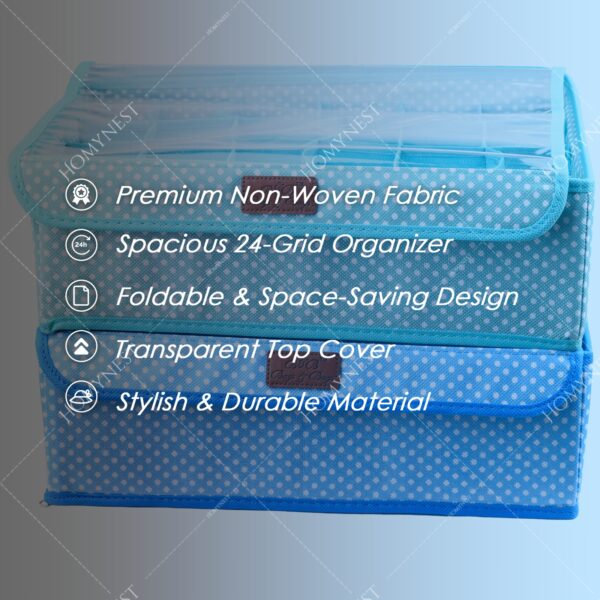 Homynest 2-Pack Foldable 24 Grid Clothing Storage Box Transparent Cover White Dot Design Blue & Purple Non-woven Space Saver Dawer Bin Cloth Penties Belts Socks Ties Light Scarf Underwear