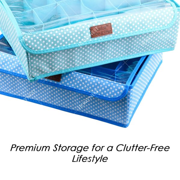 Homynest 2-Pack Foldable 24 Grid Clothing Storage Box Transparent Cover White Dot Design Blue & Purple Non-woven Space Saver Dawer Bin Cloth Penties Belts Socks Ties Light Scarf Underwear