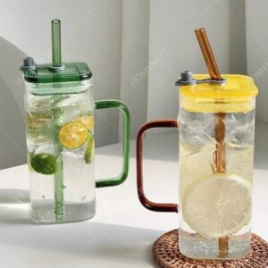 Homynest 1 pcs Glass Tumbler Jar with Handle Tumbler Jar 380ML with Leak-Proof Lid & Straw for Beer Juice Drinks Durable Glass with Shipper Packaging Multicolor Office Home Travel
