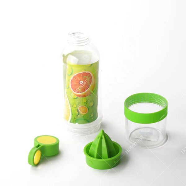 Homynest 2 Pack Green Travel Water Bottle (450ml) - Built-In Citrus Juicer & Fruit Infuser - Leakproof Zinger for Active Lifestyles - 22.5cm