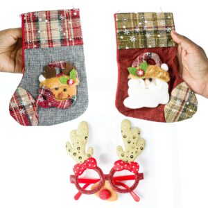 Homynest 2 pcs Small Christmas Stockings, 1 pcs Golden Glass Eyewear, 1pcs Hanging Santa Ornaments ? Festive Decorations for Christmas & New Year