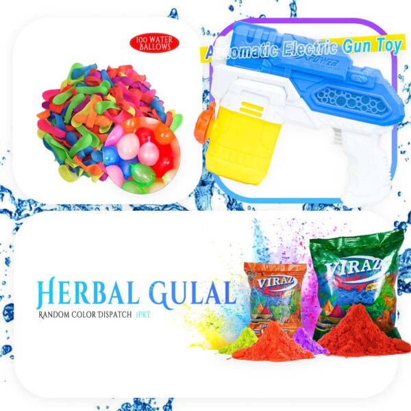 Homynest Toys Electric 1 Pcs Blue Water Gun Water Blaster Pichkari Dual Style Water Nozzle High-Pressure Water Shooting Gun with Lightning 100 Water Balloons 1 Pack Gulal Color for Kids Adults