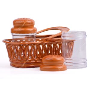Homynest 2 Dining Salt & Pepper Table, 1 Cute Basket Salt and Pepper Dispenser, Handled Basket Holder Dispenser for Kitchen (Wooden Design, Plastic) Brown Kitchen spice organizer, Refillable spice