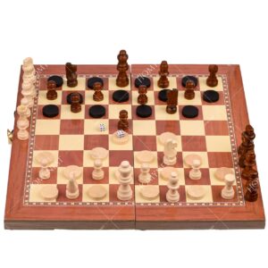 Homynest 3 In 1 Wooden Chess Board — 1Pcs Handcrafted Foldable 32 Wood Pieces With 24 Checkers Pieces and Travel Chess set, Smart Chess Board set 13x13 Inches, Brown Modern Wooden Chessboard Foldable