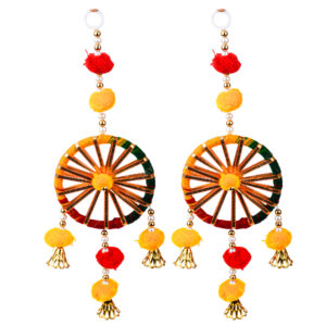 Homynest Wheel Door Hanging Decor – Handmade Multicolor Plastic & Fabric Latkan Golden Bell Wall Hanging