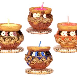 Homynest Traditional Matka/Kalash Wax Diya Set for Diwali Rangoli – Pack of 4 Multicolor Clay Tealight