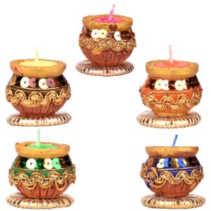 Homynest Handmade Matka/Kalash Clay Diya Set for Festival Decor – 5 Multicolor Wax Filled Diyas Handcrafted