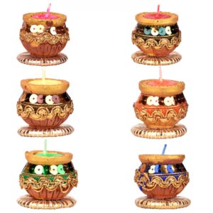 Homynest Decorative Clay Diya Lamps Diwali Rangoli Handmade Multicolor Wax Matka Tealight Candle Pack