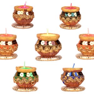 Homynest Multicolor Matka/Kalash Diya Set – Pack of 6 Wax-Filled Clay Tealights with Gold Ribbon