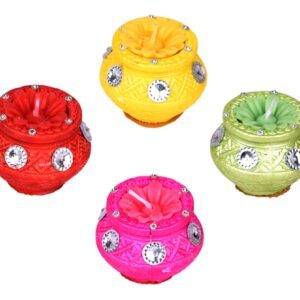 Homynest Handmade Matka/Kalash Clay Diya Pack of 4 – Multicolor Wax-Filled Terracotta Diyas with Crystal