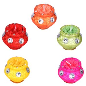Homynest Multicolor Handmade Clay Matka/Kalash Diya Set – Pack of 5 Wax-Filled Terracotta Lamps