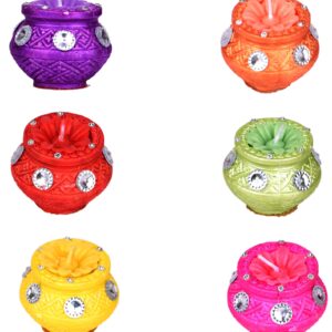 Homynest Handmade Matka/Kalash Clay Diya Set for Diwali – Pack of 6 Multicolor Wax Filled Terracotta