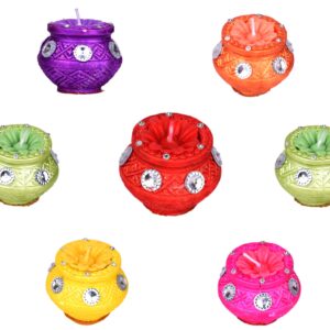 Homynest Traditional Handmade Clay Matka/Kalash Diya Set 7 Pack – Vibrant Multicolor Wax Terracotta