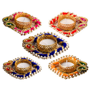 Homynest Handmade Square Rangoli Diya Set of 5 – Multicolor Base Wax Tealight Vibrant Chudi Candle