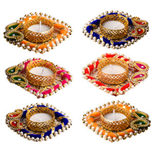 Homynest Diwali Square Chudi Diya Rangoli Set – 6 Multicolor Wax Tealights Handcrafted Puja Essentials
