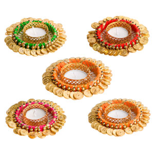 Homynest Diwali Rangoli Decor Set Pack of 5 – Handmade Coin Chudi Diya Multicolor Electroform Traditional