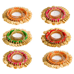Homynest Multicolor Chudi Diya Rangoli Pack of 6 Handmade Wax Diyas Golden & Green Circular Design