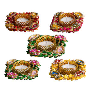 Homynest Handmade Square Chudi Diya for Diwali Decoration – Pack of 5 Multicolor (Golden & Pink/Red/Green)