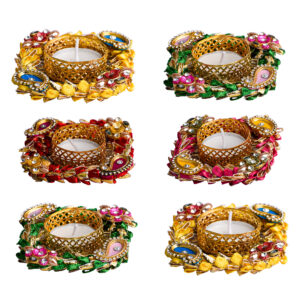 Homynest Festival Home Decor Square Diya Set – 6 Multicolor Tealight Candles Traditional Rangoli Wax