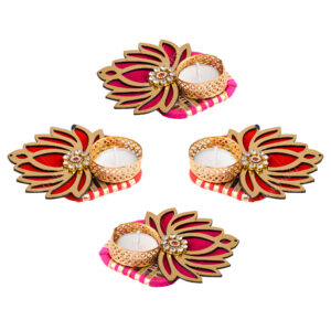 Homynest Diwali Lotus Rangoli Diya Set – Handmade Pack of 4 Multicolor Chudi Diyas Golden & Pink/Red