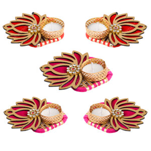 Homynest Diwali Rangoli Lotus Diya Set – Handmade Pack of 5 Multicolor Chudi Diya Traditional Wax Tealight