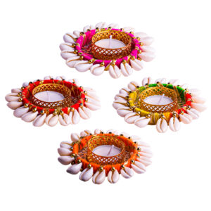 Homynest Diwali Rangoli Decor Pack of 4 – Handmade Cowrie Shell & Golden Thread Chudi Diya Set for Pooja