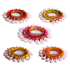Homynest Diwali Rangoli Decor Pack of 5 – Handmade Golden & Yellow Chudi Diya Cowrie Shells Traditional