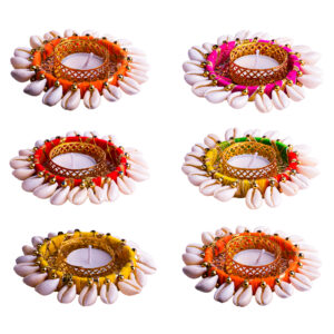 Homynest Diwali Rangoli Decor Pack of 6 – Handmade Golden & Yellow Chudi Diya with Cowrie Shells Vibrant