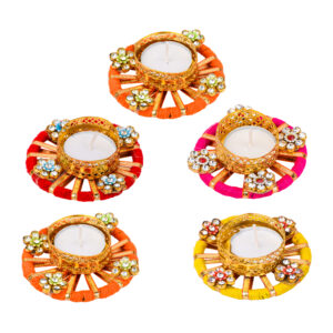 Homynest Handmade Round Chudi Diya Set of 5 – Multicolor Wax Tealight Candle Clay Decorative Diya
