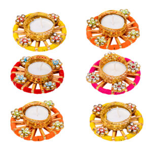 Homynest Diwali Round Chudi Diya Rangoli Set – 6 Multicolor Wax Tealights Handcrafted Puja Essentials
