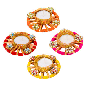 Homynest Round Diya Rangoli Decor Pack of 4 – Handmade Multicolor Wax Tealight Traditional Festival